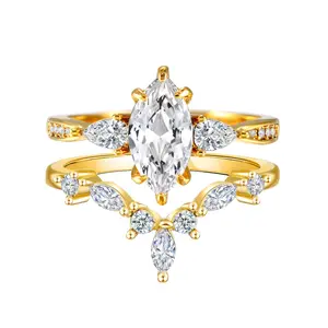 VOWSERING Luxury 1.5CT Marquise CZ Yellow Gold Plated Wedding Ring Set for Women Engagement Ring Weddings Anniversaries & Gifts
