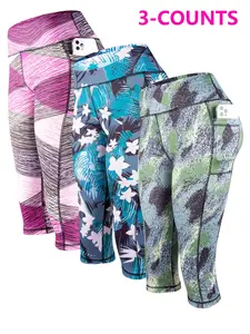 Women's Floral Print High Waist Sports Capri Leggings, Casual Comfy Breathable Skinny Pants for Yoga Gym Workout Running, Ladies Sportswear for Summer