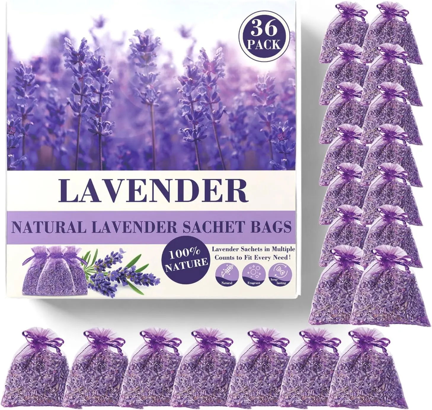 36 Pack Natural Dried Lavender Sachet Bags, Purple Lavender Scented Sachets for Drawers, Closets, Wardrobe, Car, Shoe Cabinet, Home Fragrance and Gifts