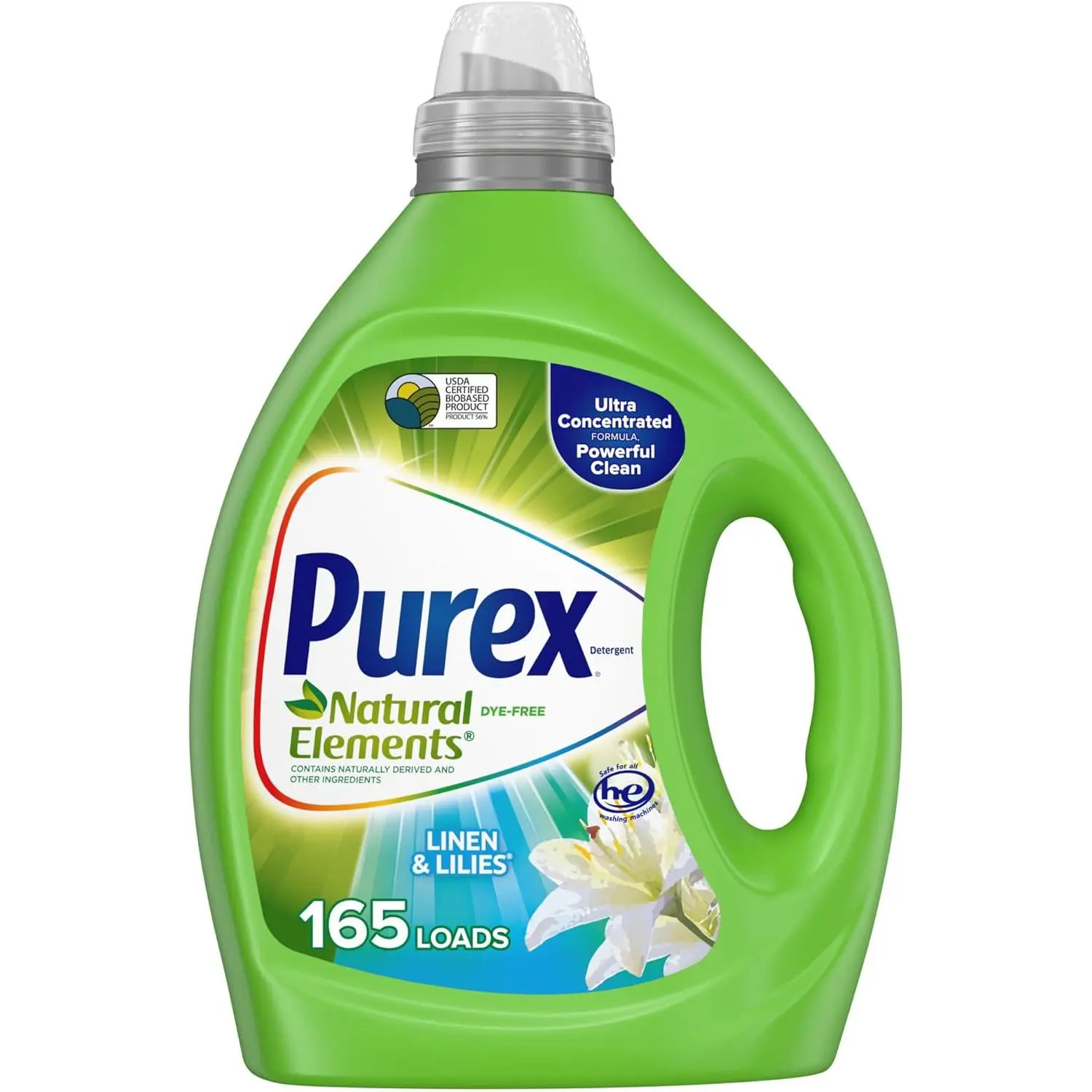 Purex Natural Elements Fresh Lilies & Linen Liquid Detergent, 82.5 oz, 165 Loads, Ultra-Concentrated, Dye-Free, USDA Certified Biobased Product