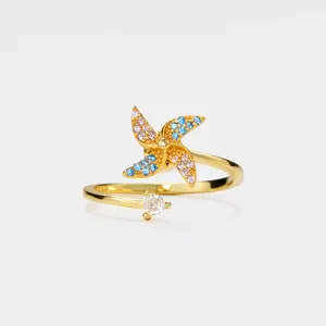 Serelune Jewelry B Gold Windmill Fidget Spinner Ring • Dainty Spinning Windmill Bypass Ring • Sterling Silver Friendship Jewelry • Best Friend Gift