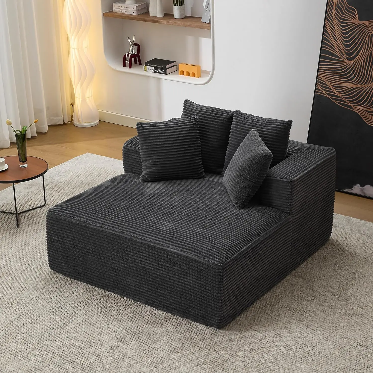No Assembly Chaise Lounge Sofa Bed – Corduroy & Foam Upholstered Floor Couch, Modular Boneless Sectional with Armrests & Throw Pillows, for Living Room, Apartment & Small Spaces, Perfect for Gaming & Movie Night
