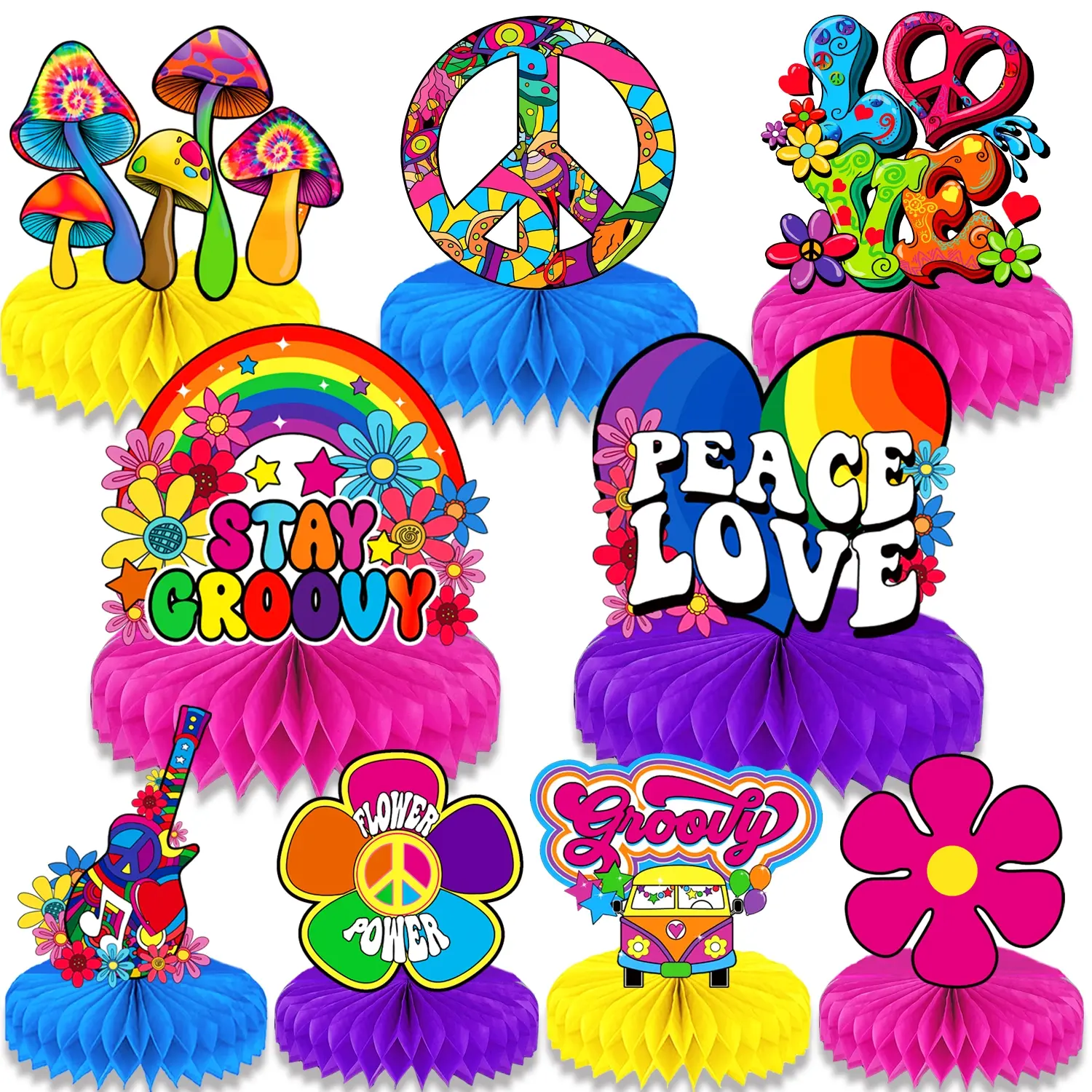 9 Pieces 60's Hippie Party Honeycomb Centerpieces Decorations Ornaments, Multicolor Groovy Decorations for Baby Shower Birthday Decorations Baby Shower Birthday Party Supplies