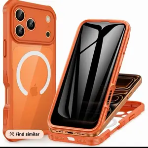 Magnetic Privacy for iPhone 17 Pro Case [Compatible with Magsafe] Full Body Phone Case Built-in 9H Tempered Glass Privacy Screen Protector, Camera Protection Shockproof Bumper Cover -Orange Smartphone Cellphone phone cases