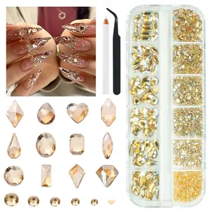 2052Pcs Golden Rhinestones for Nails 72pcs Multi Shapes Crystal Flatback Champagne gold Rhinestones Gems +1980pcs Round Beads Glass Stones Diamonds Jewels w Wax Pen for Faces Eyes Makeup Crafts springtok