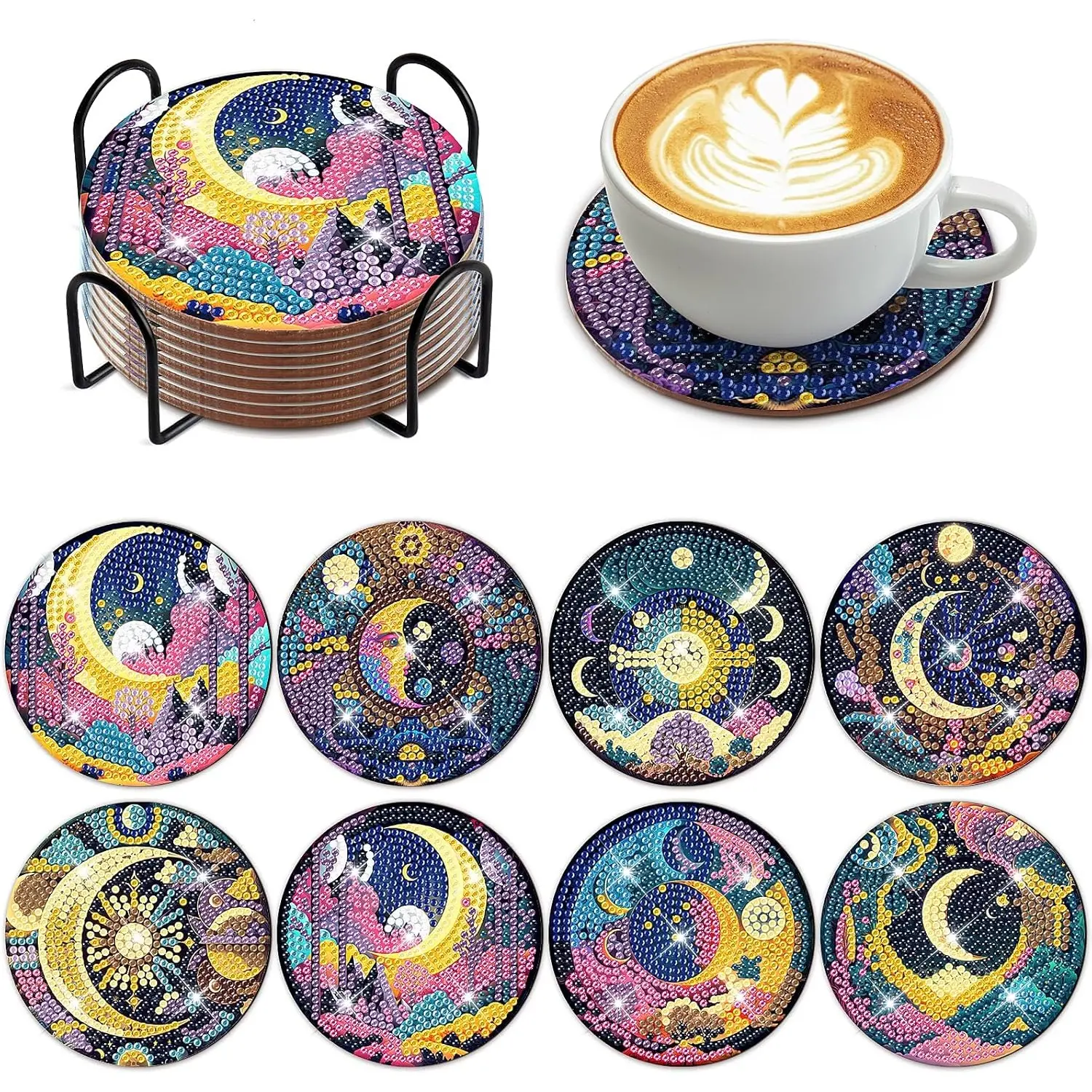 8Pcs Thick Scenic Moon DIY Crystal Diamond Art Clay Coasters with Wooden Tray & Metal Stand, Colorful Heat-Resistant Anti-Slip Table Top Craft Kit for Adults & Elderly Home Decor, Birthday Gift - Home Improvement