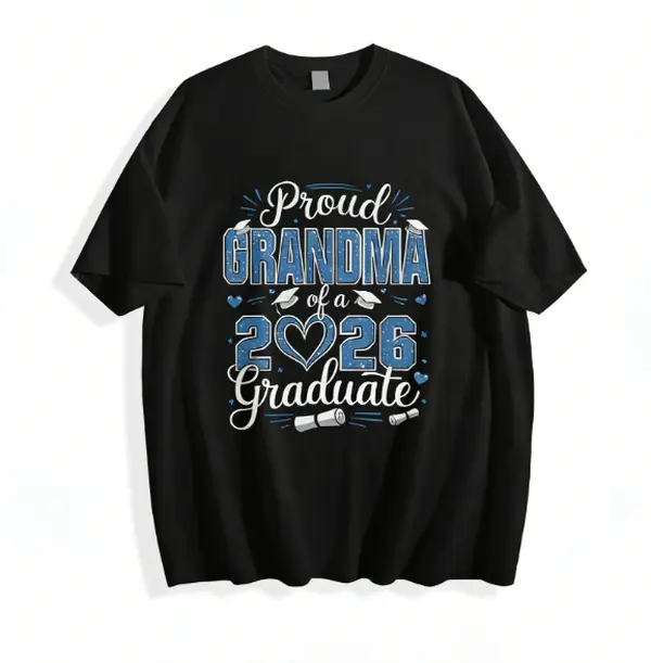 Women's T-Shirt for Grandmas, "Proud Grandma of a 2026 Graduate" Distressed Graphic, Casual Short Sleeve Cotton Polyester Tee with Graduation Accents, Sizes S-5XL, Shortsleeve, Fit, Tshirt, Distressed Text, Blue Distressed Text