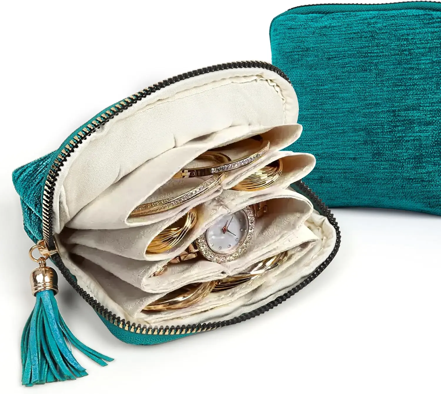 （Teal blue）Travel Jewelry Case, Portable Soft Jewelry Bags, Organizer Pouch with 6 Compartments Pocket, Anti-Scratch Storage Holder for Bangle Bracelets Earrings Necklace, Women Gifts