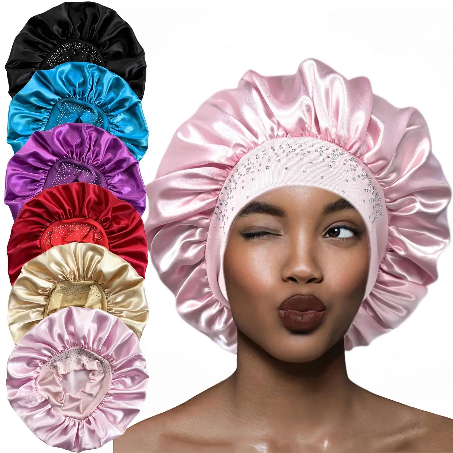 Women's Rhinestone Satin Bonnet, Solid Color Night Sleep Cap with Wide Elastic Band, Water Proof for Shower and Hair Care