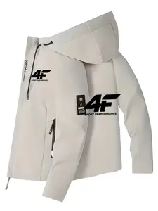 Men's and Women's Casual Jacket with 4f Letter Print, Stylish Zipper Pockets, Hooded Design for Spring & Fall, Unisex Polyester Windbreaker, Zip Up Jackets