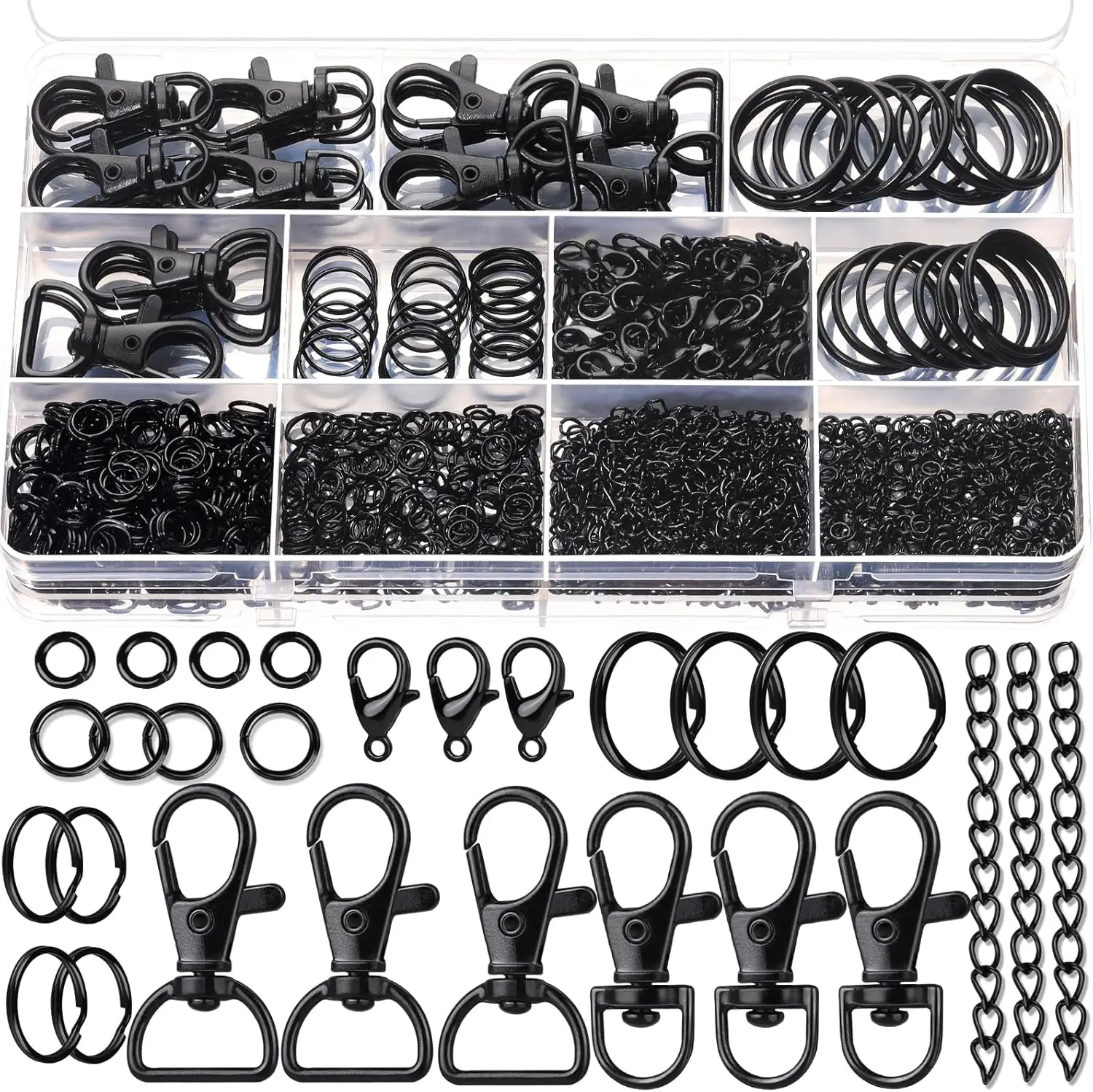 Sturdy DIY Jewelry Keychain Making Kit (524PCS Variety Pack) with 10 D-Clips, 12 Key Chain Rings, 50 Small (12mm) Lobster Claw Clasps, 35mm Lobster Claw Clasps, 400PCS Jump Rings, Metal Parts, Lanyard Snap Hooks for Christmas, Father's Day DIY Projects