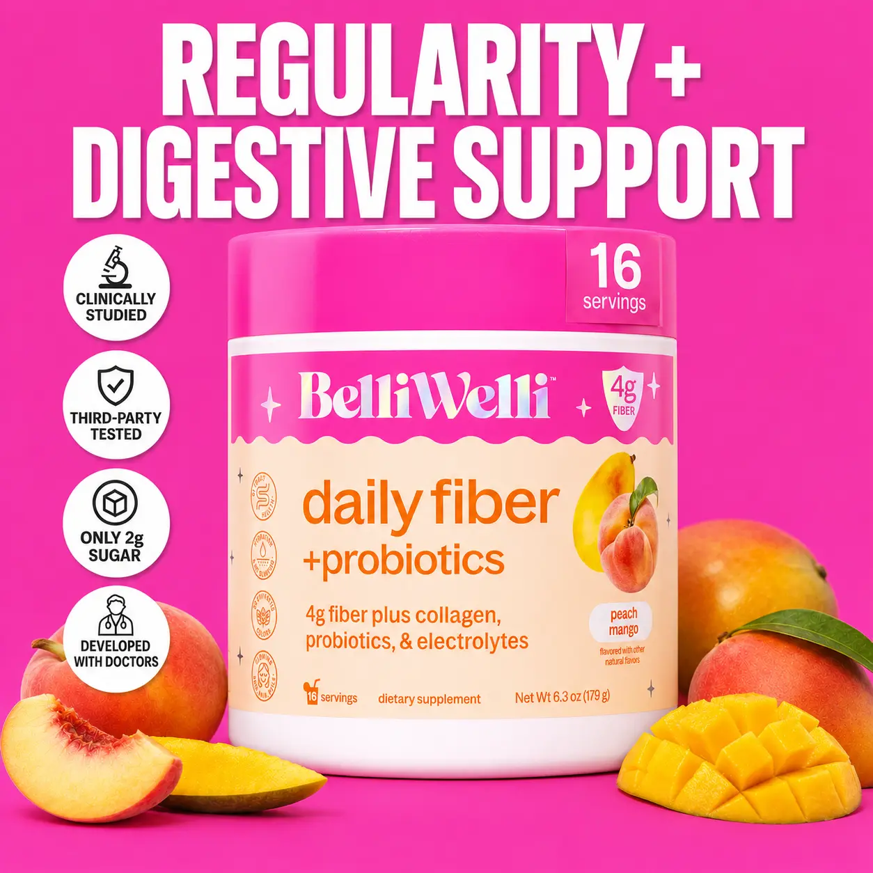 BelliWelli Daily Fiber + Probiotics + Collagen - Peach Mango Health Supplement Fitness