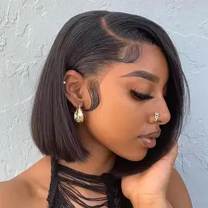 Megalook Side Part Glueless Pre Cut 6x5 Short Bob Lace Front Human Hair Wig Easy Go Pre-Cut HD Lace Stylish and Outstanding C-part 100% Unprocessed Natural Black Hair Wigs Pre Plucked Hairline Breathable Durable Wig Cap Comfortable Wear