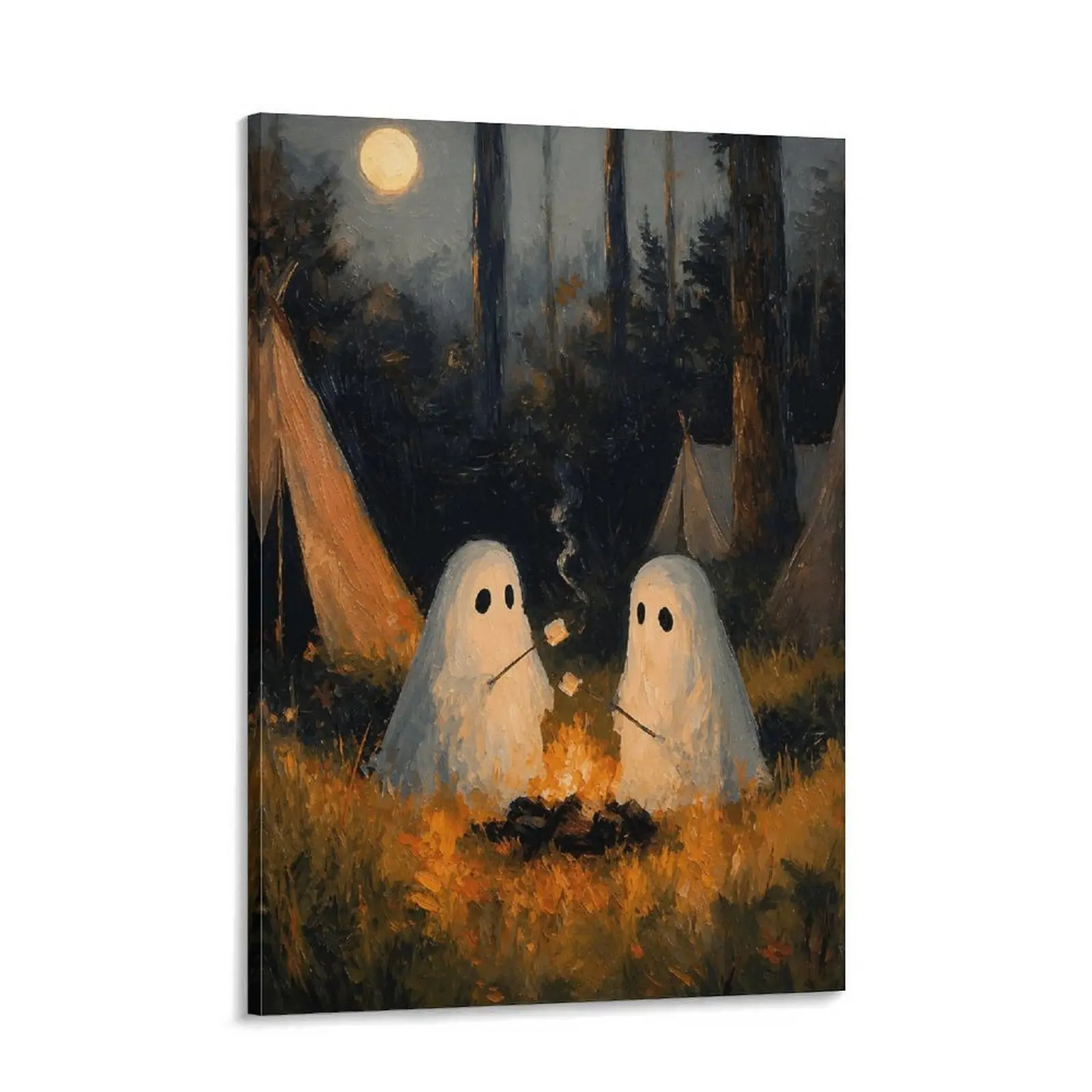 Cute Ghost Campfire Canvas Wall Artwork - Cozy Spooky Halloween Painting, Ghosts Roasting Marshmallows in Moonlit Forest, Vintage Fall Decor for Bedroom & Living Room