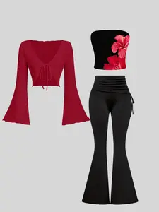 Women's Floral Print Long Sleeve Top & High Waist Pants Set, Hollow Out Design, Comfortable Drawstring Jacket, Casual Fashion