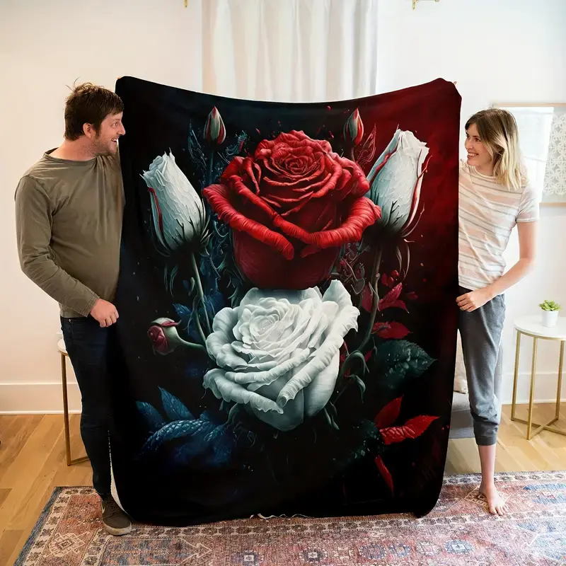 Fashionable Durable Flat-Weave Rose Print Flannelette Blanket, Cozy Valentine's Day & Birthday Gift for Family