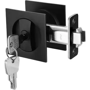 Square Privacy Pocket Door Lock Hardware for Sliding Bifold Doors, Replacement Door Locks with Pulls Handles, Matte Black Entry Lock with Key