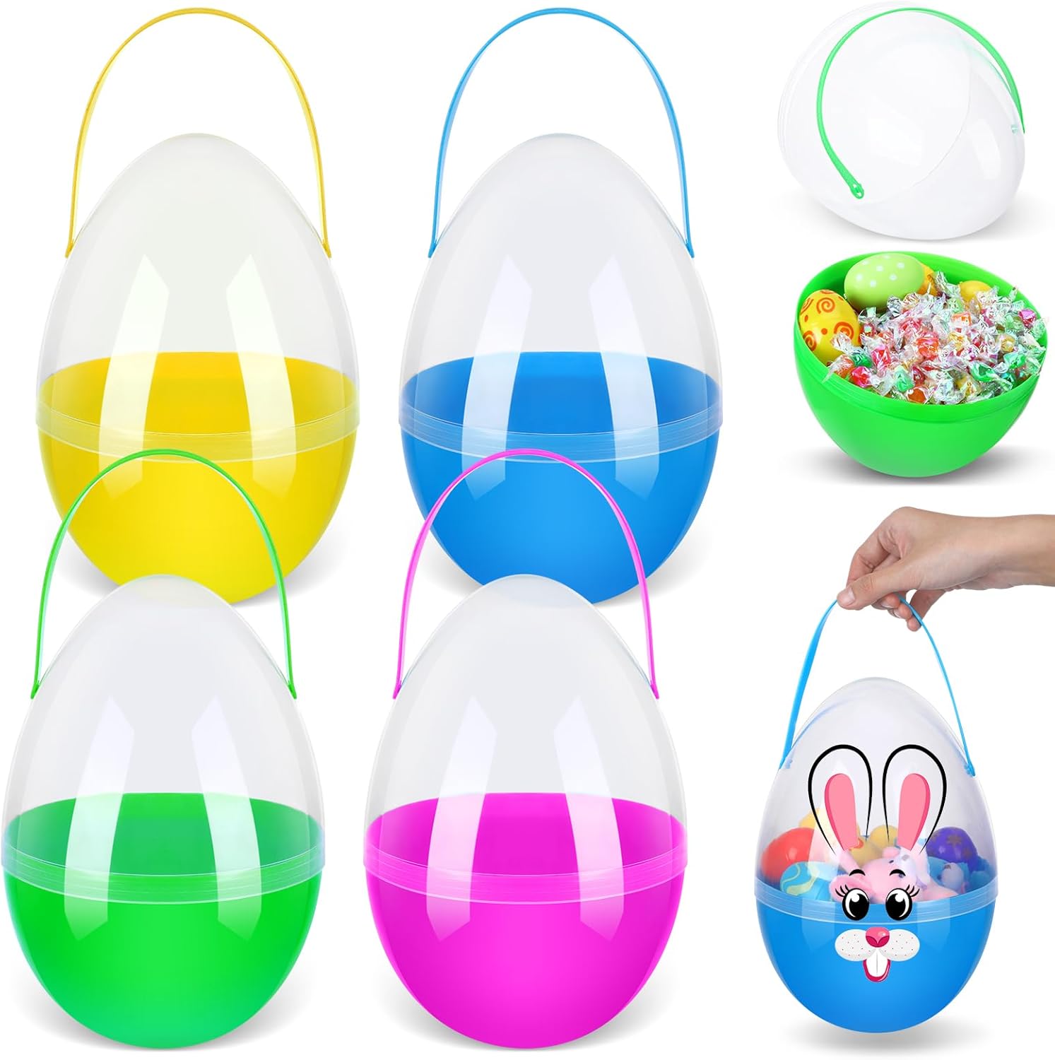 4/8 Pcs Jumbo Easter Eggs 10 Inch Plastic Giant Easter Eggs with Handle Clear Large Baskets for Egg Hunt,Easter Gift buckets for Student Adult Office Employee Coworker,Outdoor Church School Classroom Decorations,Spring Birthday Party Supplies