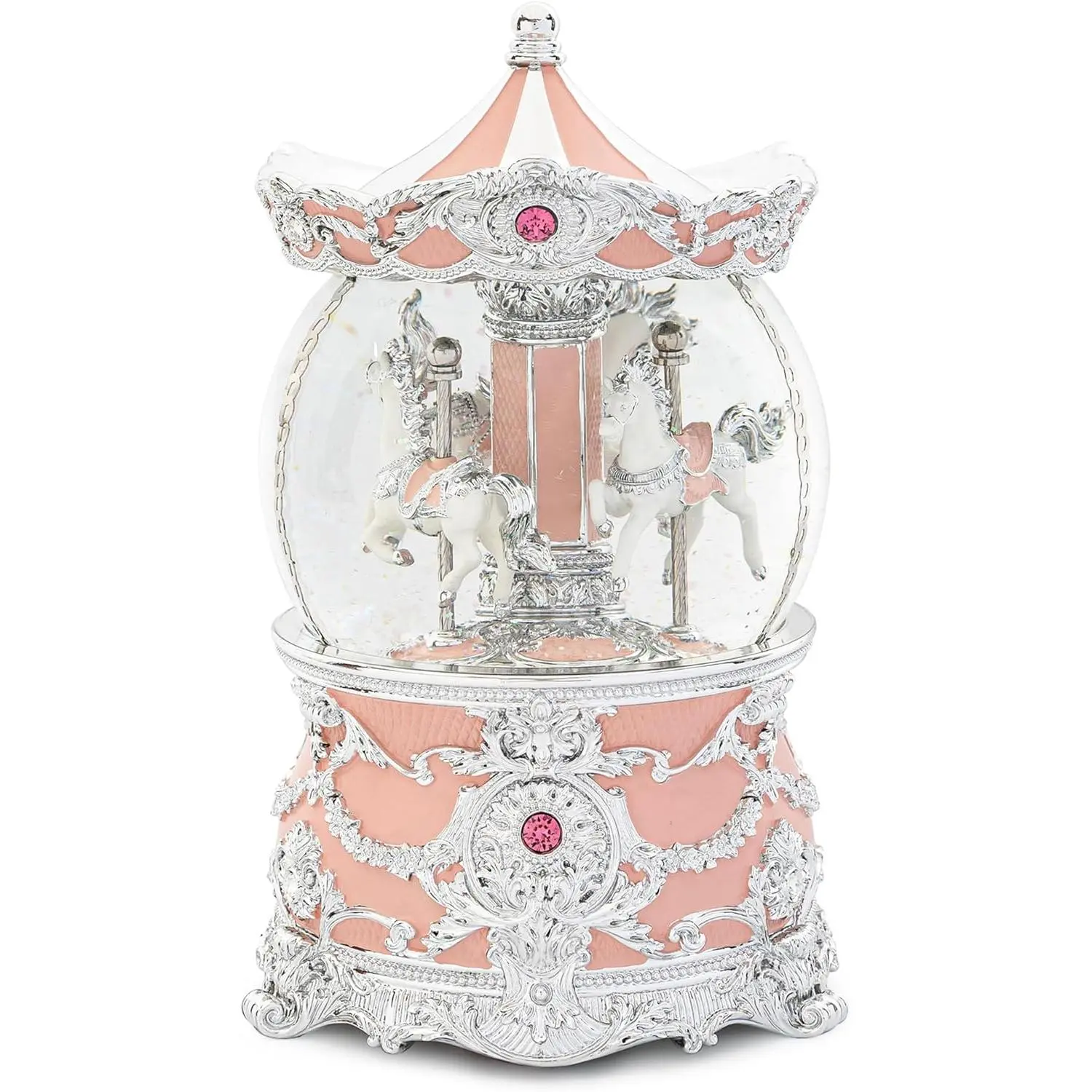 Carousel Music Box Silver & Pink Christmas Snow Globes, 8.3" Rotate Carousel Snow Globe for Kids & Adults, Classic Wind up Musical Snow Globe Birthday Gifts for Women Girls, Carousel Horse Home Decor