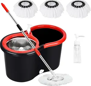 Spin Mop And Bucket with Wringer Set, 360° Spinning Mop And Bucket System with 3 Microfiber Mop Replacement Heads And 61" Stainless Steel Adjustable Handle for Mop Floor Cleaning