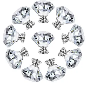 10 Elegant Crystal Glass Handles, 30mm Diamond Shape Pulls for Wardrobe, Drawer, Furniture Accessories, Closet and Cabinet Hardware, Door Hardware, Luxurious Appearance, Interior Door Handles