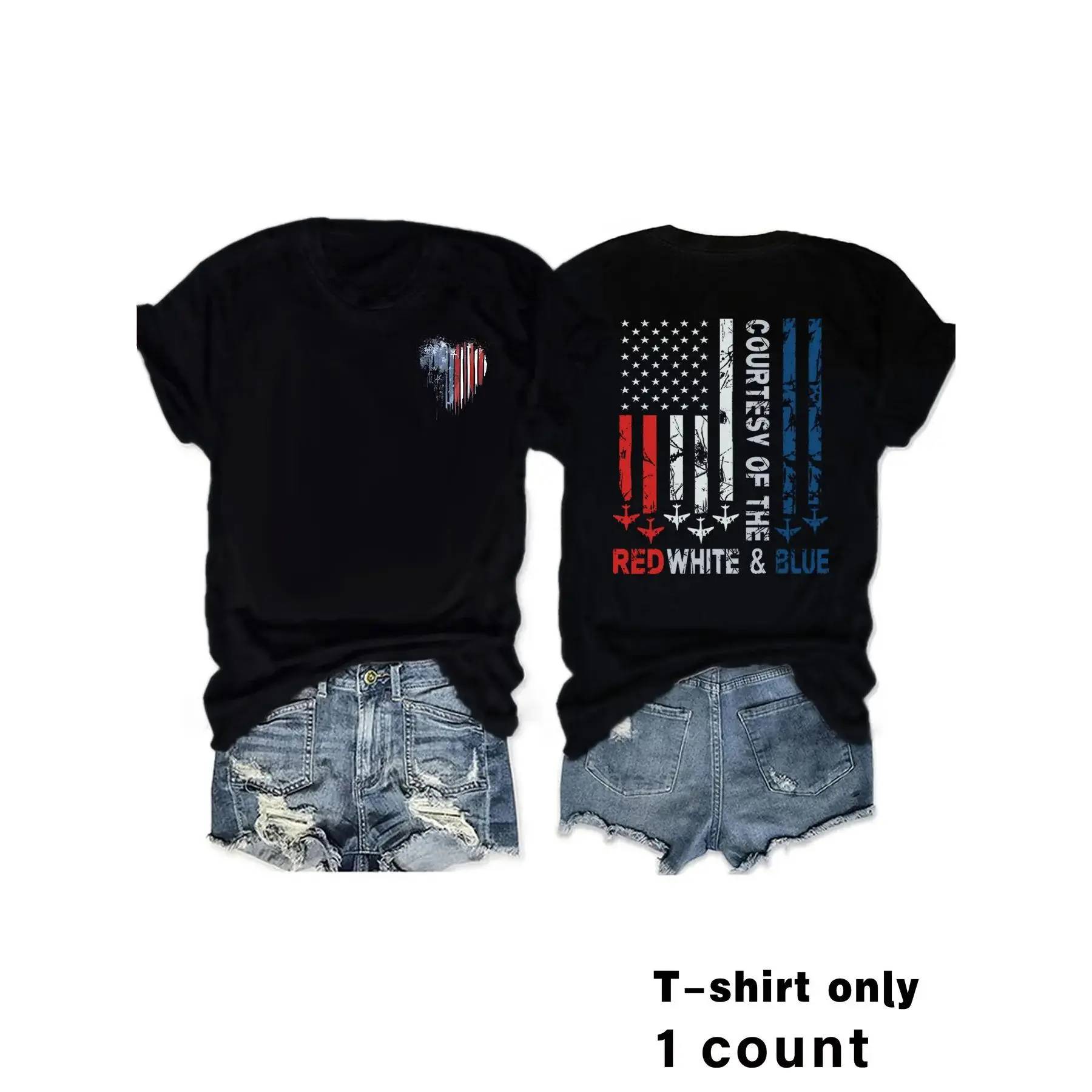 Patriotic Us Flag Heart Graphic T-Shirt for Women, Casual Short Sleeve Top, Soft Comfortable Fabric, Elegant Design for Vacations Black Womenswear