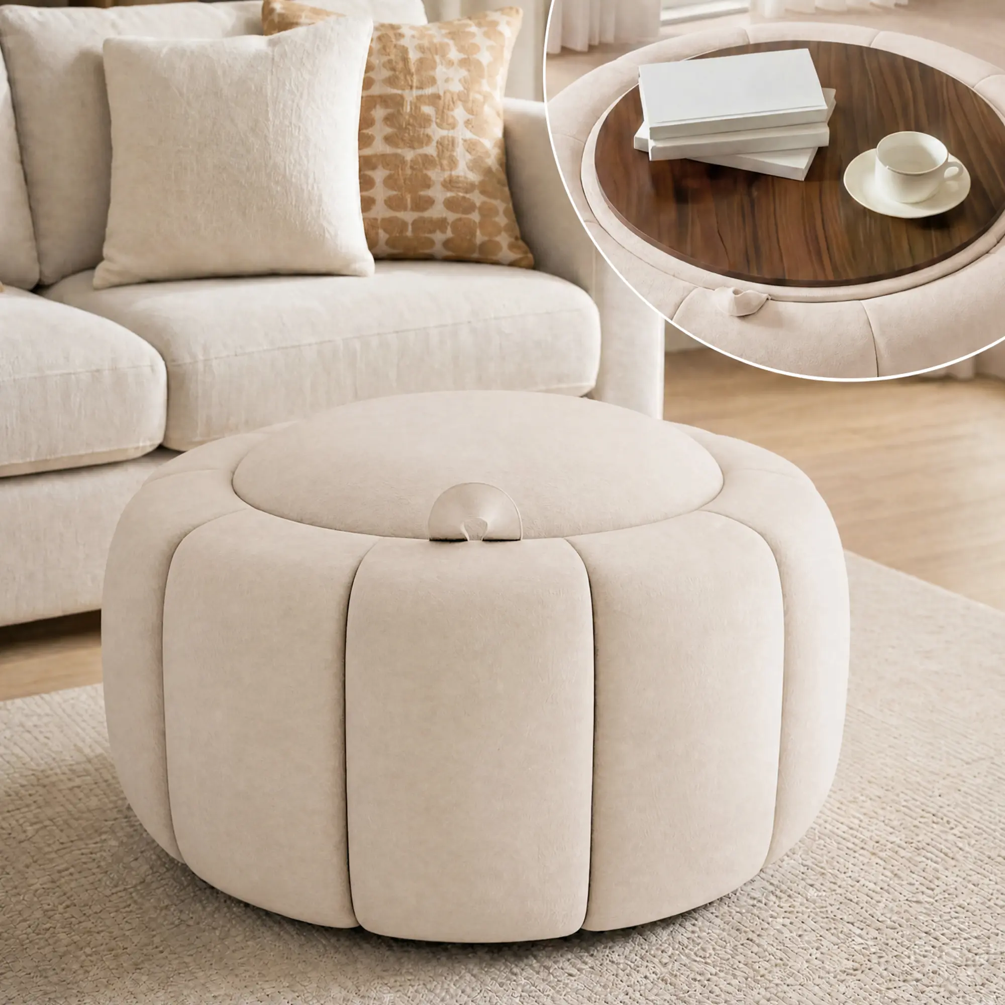 Tbfit Round Storage Ottoman – Velvet Fabric, No Assembly Storage Seat & Footrest with Hidden Storage, Green