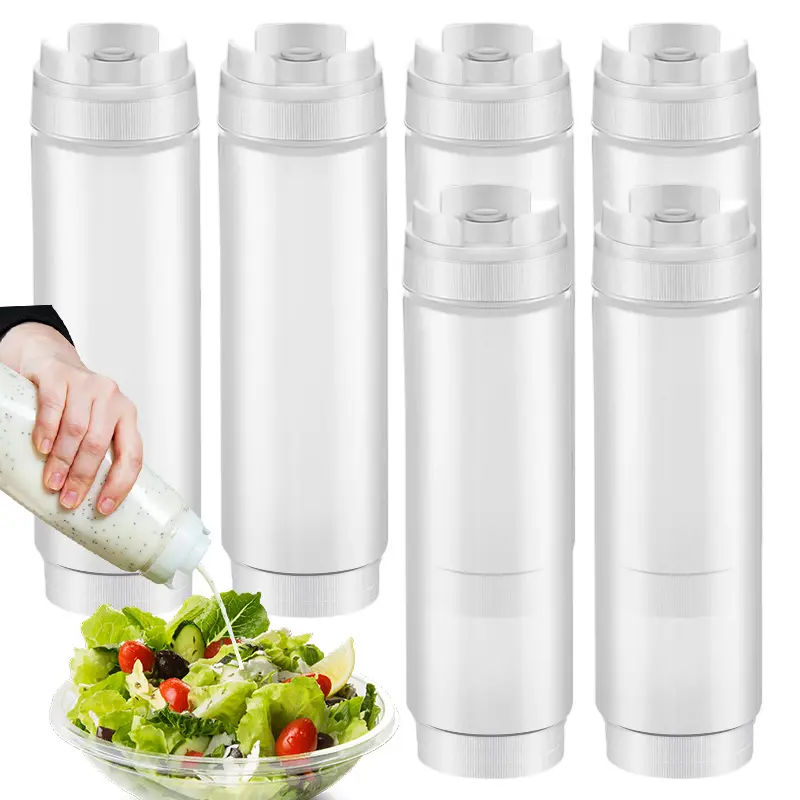 6 Pcs Condiment Squeeze Bottles 16 Oz - 9.2x2.44" Clear Bottles With Self-Closing Valve, Flexible, Easy to Clean and Fill - Dispenser for Sauces and Dressings