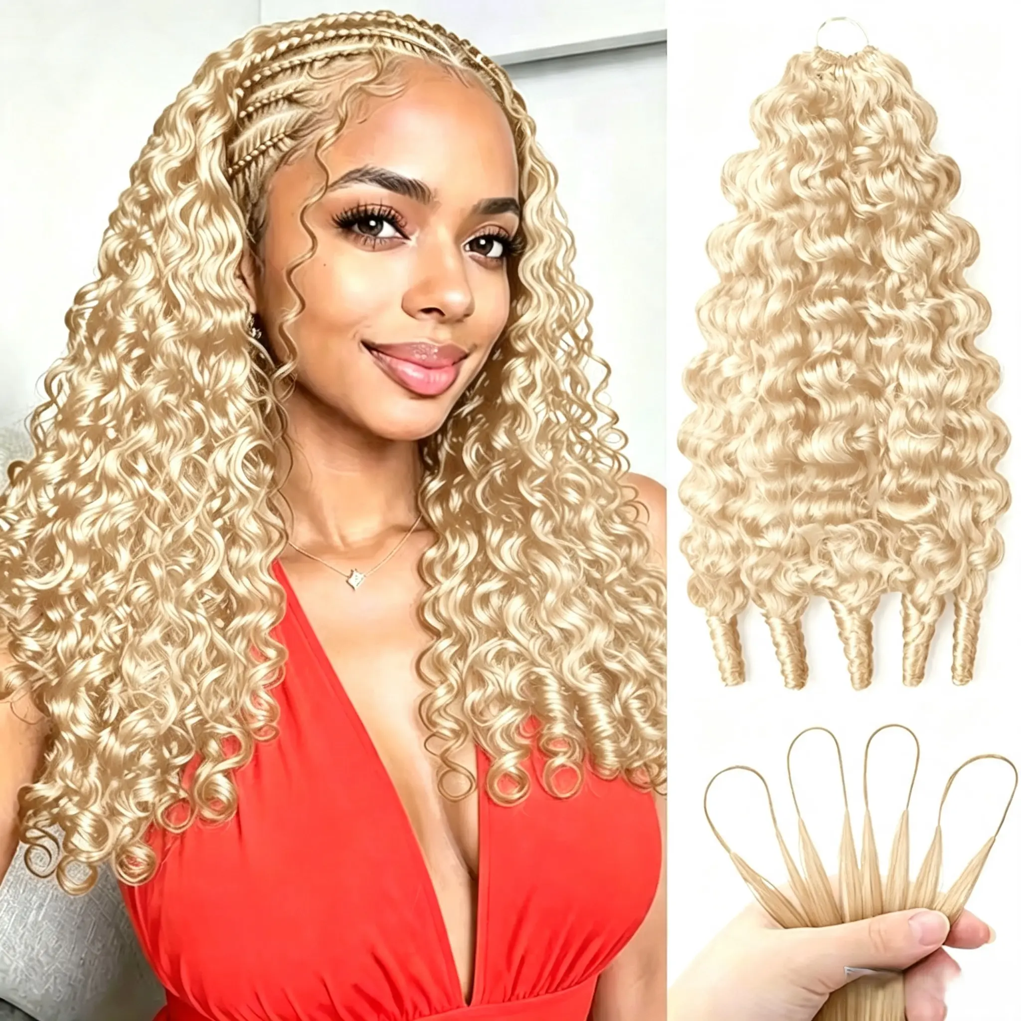 Bling Hair 613 Blonde Burmese Curly Crochet Human Hair Extension,50g/Pack 40Strands Pre-Separated 27# ,30# ,P4/27 Highlight Burmese Curly Hair Pre-Looped Boho Braids For Women，4-5Bundles For Full Head, Real Hair Extensions, Human Hair Highlights