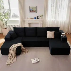 【#SummerVibes】3 Packages Shipping132" U-Shaped Cloud Sectional CouchPlush Corduroy Modular Sofa with Double Chaise NoAssembly Deep Seat Boneless Sofa Set for Living Room FastShipping Black Couch Living Room Boneless Furniture modern modular sofa