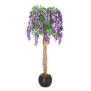 4 FT Artificial Purple Bean Flower Tree – Lifelike Purple Red Silk Plant with Cement Pot, Hanging Vine & Moss for Home, Office, Wedding, Photo Backdrop Décor