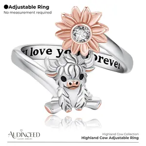 Audinceed Highland Cow Adjustable Ring, S925 Sterling Luxury Silver Adjustable Ring Vintage Charming Cute Affordable Jewelry Silver Ring Anniversary Birthday Gift for Girlfriend Woman Female Wife