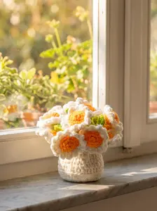 Handmade Crochet Cup Holder Basket - Lightweight Cotton Yarn Organizer, Flower-Design Carrier for Coffee Tumblers, Water Bottles (Home Storage Gift)
