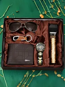 Men's Business Casual Watch Set with Sunglasses Wallet Hair Clipper Keychain, Perfect Gift for Father's Day Teacher's Day Christmas, Beautiful Deluxe Gift Box