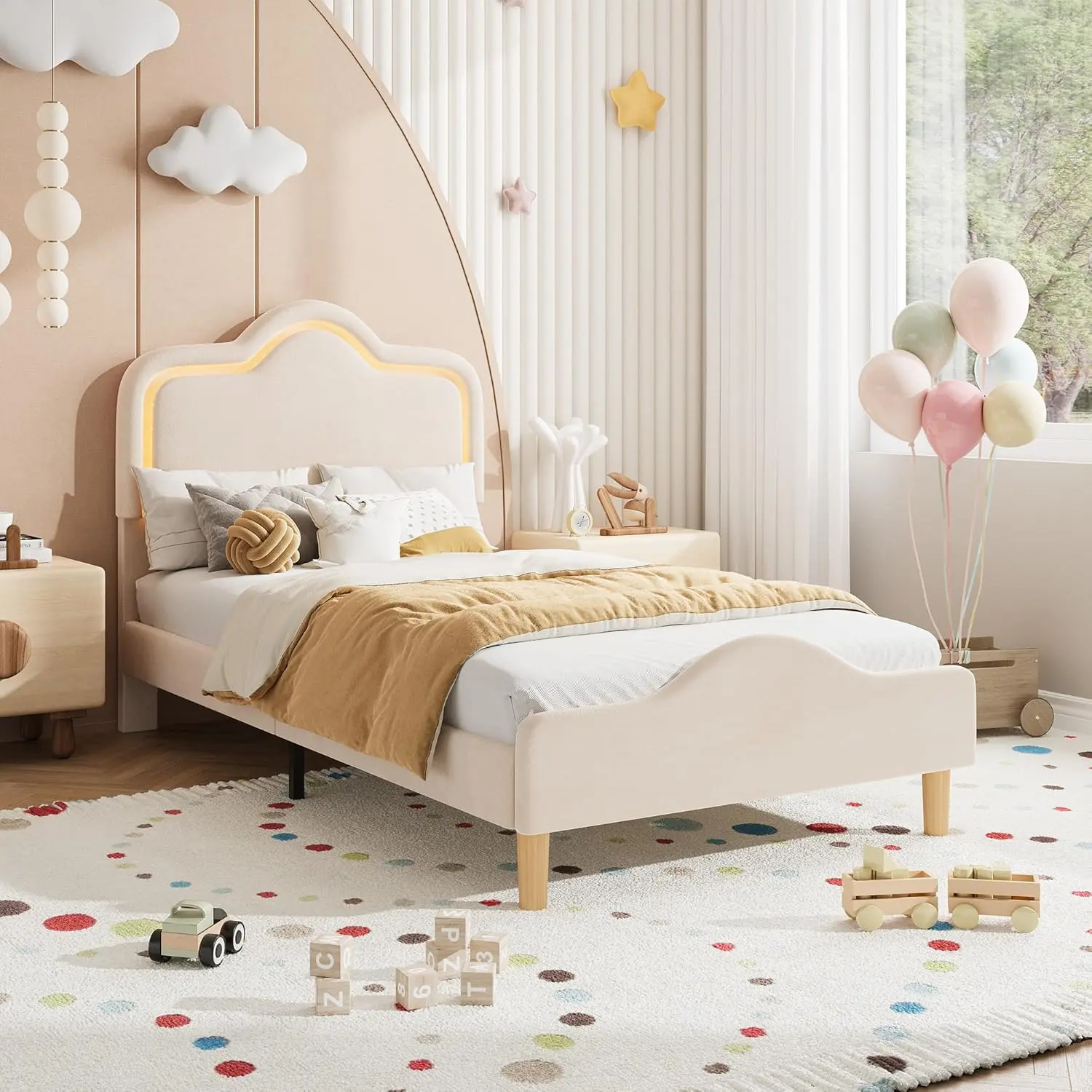 GAOMON Twin Size Velvet Upholstered LED Bed Frame with Adjustable Headboard & Footboard, Wooden Slats Support, No Box Spring Needed, Easy Assembly, Beige Princess Bed for Girls, Unique Bedroom Decor