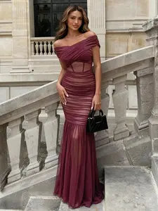 Curvysweet SDK0572A Elegant Off-Shoulder Ruched Mesh Mermaid Christmas Evening Dress with Convertible Cross V-Neck & Built-In Bra — A Perfect Dress for Graduation, Cocktail Parties, Festivals, Date Nights & Formal Events