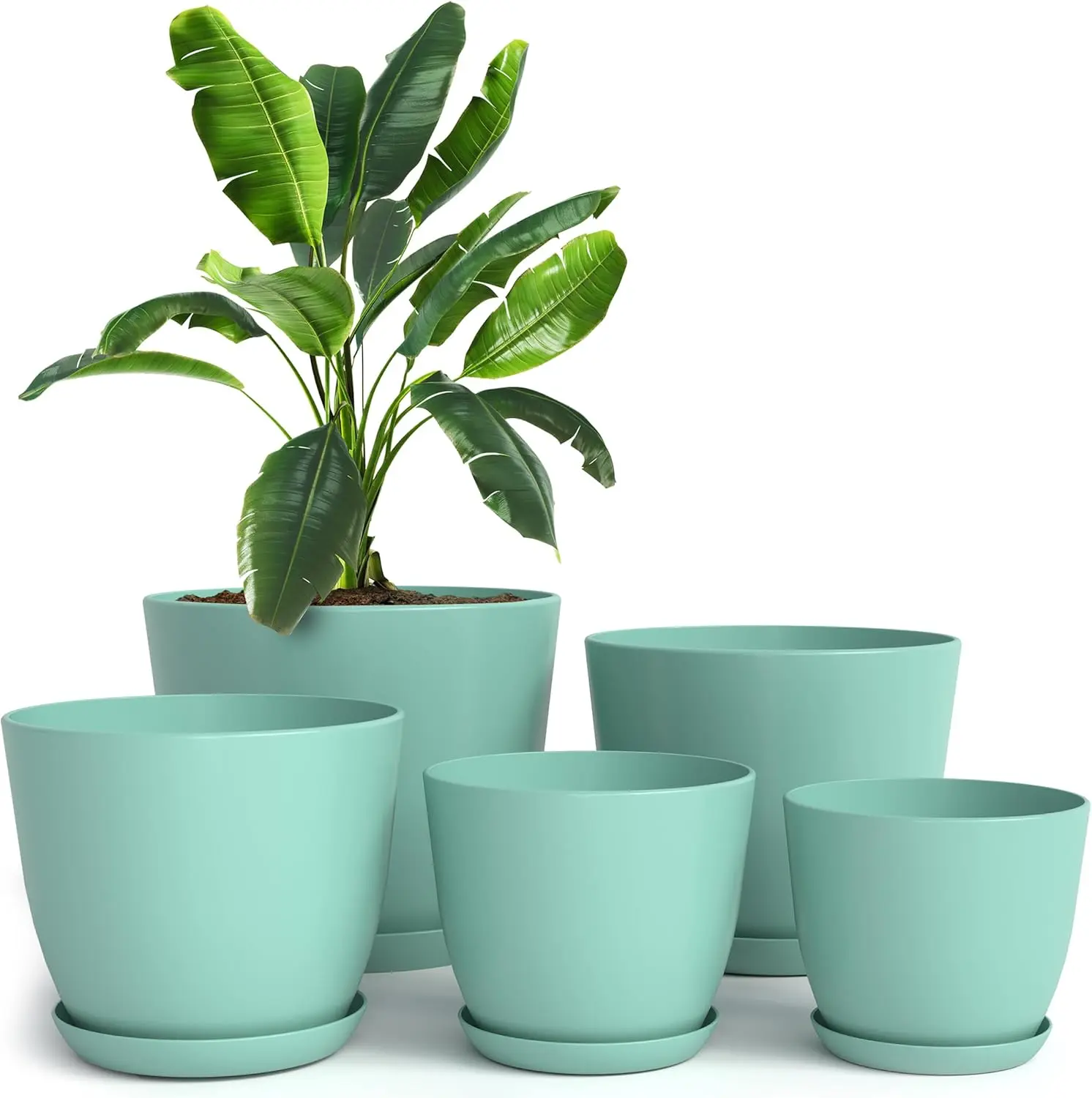 Utopia Home 5-Pack Plastic Indoor Plant Pots with Drainage, 7/6.6/6/5.3/4.8 in Sizes, Ideal for Home Christmas Decorations or Stocking Stuffers, Aqua