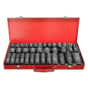 35pcs 1/2 Inch Drive Deep Impact Socket Tool Set Metric Garage Workshop Tools Heavy Duty Impact Socket Set with Portable Case Red Color