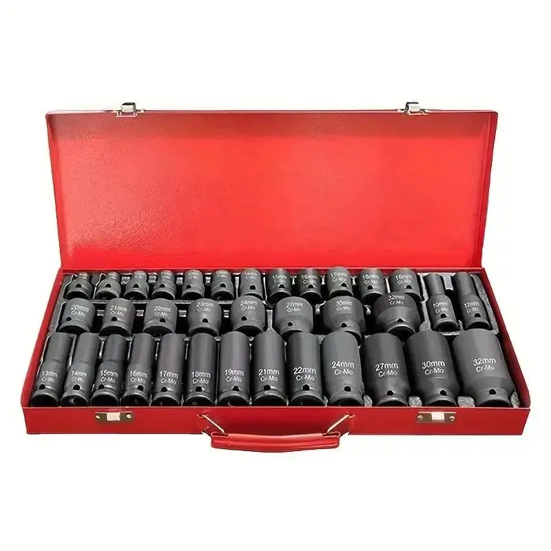35-Piece 1/2-Inch Drive Deep Impact Socket Tool Set, Metric Heavy-Duty Drive Socket Wrenches Kit with Portable Case for Garage Workshops (for DIY Enthusiasts)