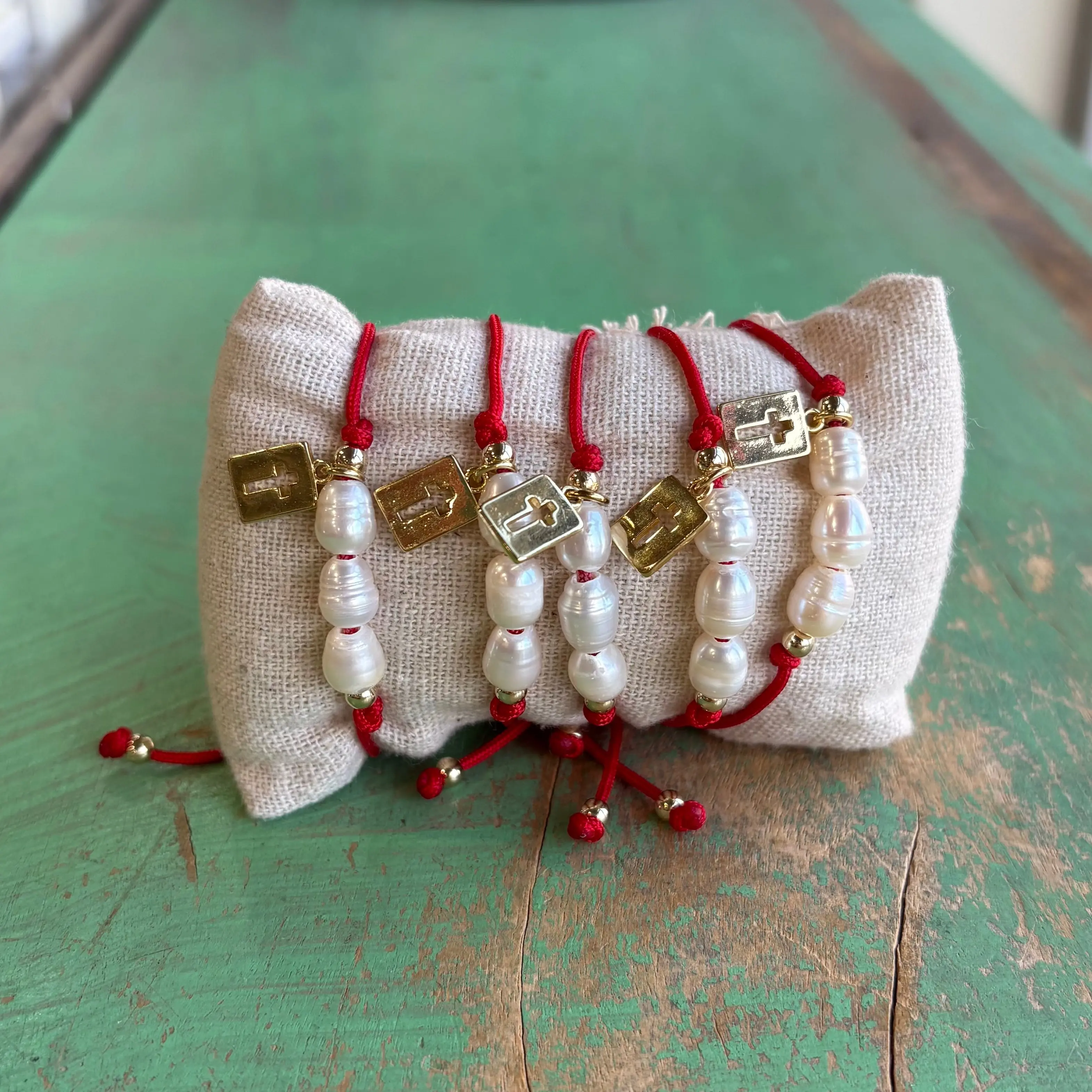 Holy Trinity Pearl Red Cord Bracelet with Gold Cross – Adjustable Faith Bracelet