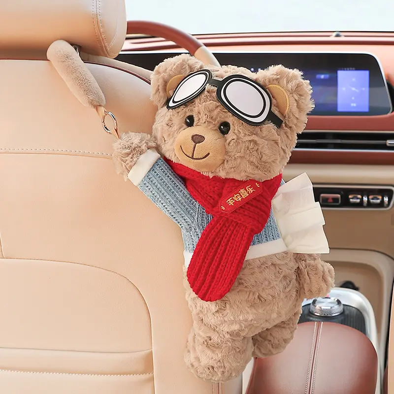 Creative Car Paper Towel Holder, Cute Cardboard Hanging Tissue Box, High-End Car Interior Decoration, Car Accessories for Vehicles, Scarf Glasses Bear, Car Seat Decorative, Car Interior Accessories Girls