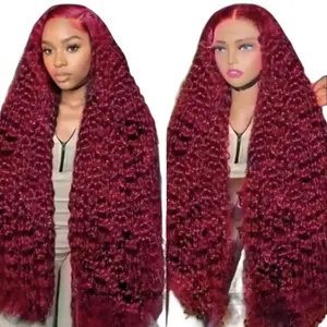 99J Burgundy 13x6 Deep Wave HD Lace Front Wig Human Hair for Women Brazilian Virgin Hair Pre Plucked with Baby Hair Curly Wig Loose Wave Wigs Heat Resistant Wigs