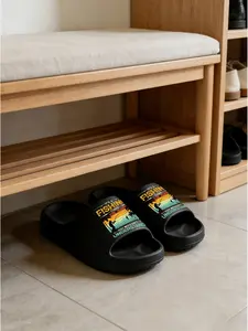 1 Pair Fishing Themed Printed Slippers, Outdoor Casual Style, Non-slip Soft Sole Open Toe Slides, Indoor & Outdoor Dual-use Bathroom Slides