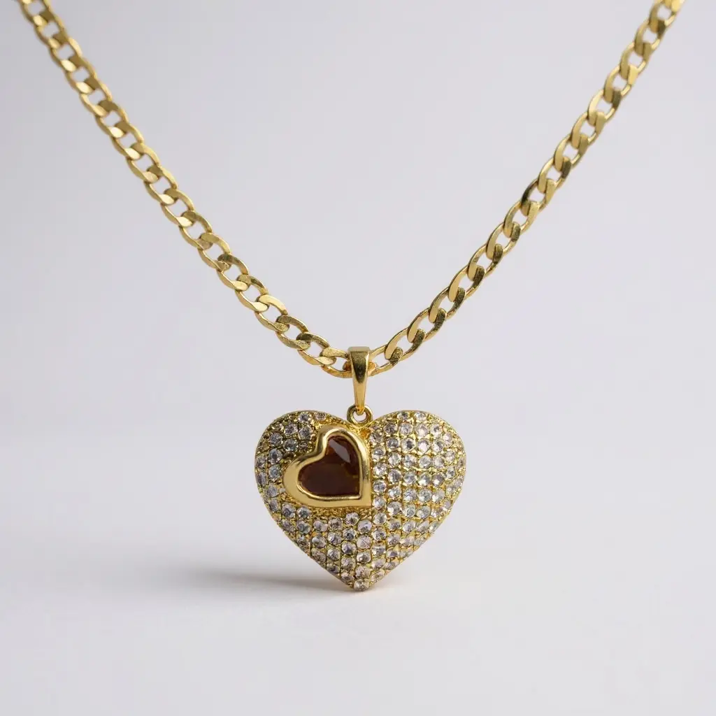 DIDIRAY Jewelry Cuban Link Chain with Openwork Heart Pendant Hypoallergenic 14K Gold Plated High Quality Luxury Finish for Daily Wear