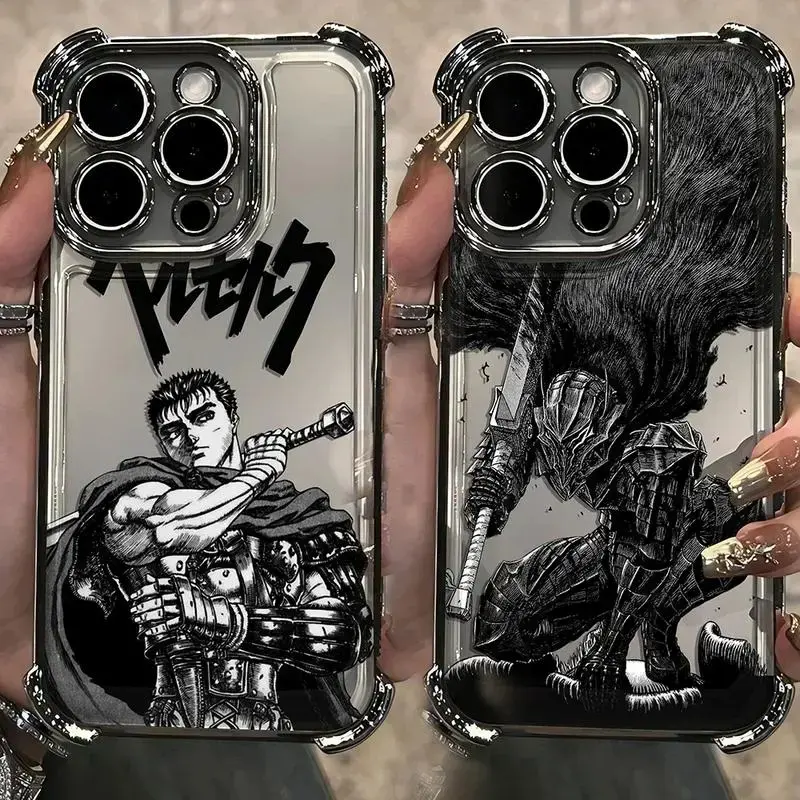 Berserk Guts Anime Plating Smartphone Case with Airbag Edge, Anti-Fall Handheld Cover for iPhone 17 Air,16 Pro Max,15 Plus,14,13,12,11 Pro Max,X,XS Max,Cellphone Devices (A2629 Protector Casing), Anime Fans