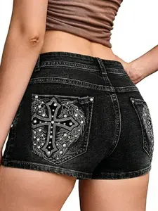 Y2K High-Waisted Cross Rivet Denim Shorts, Trendy Y2K Style, Plain Pattern, Perfect for Casual Wear, Unique Fashion Statement