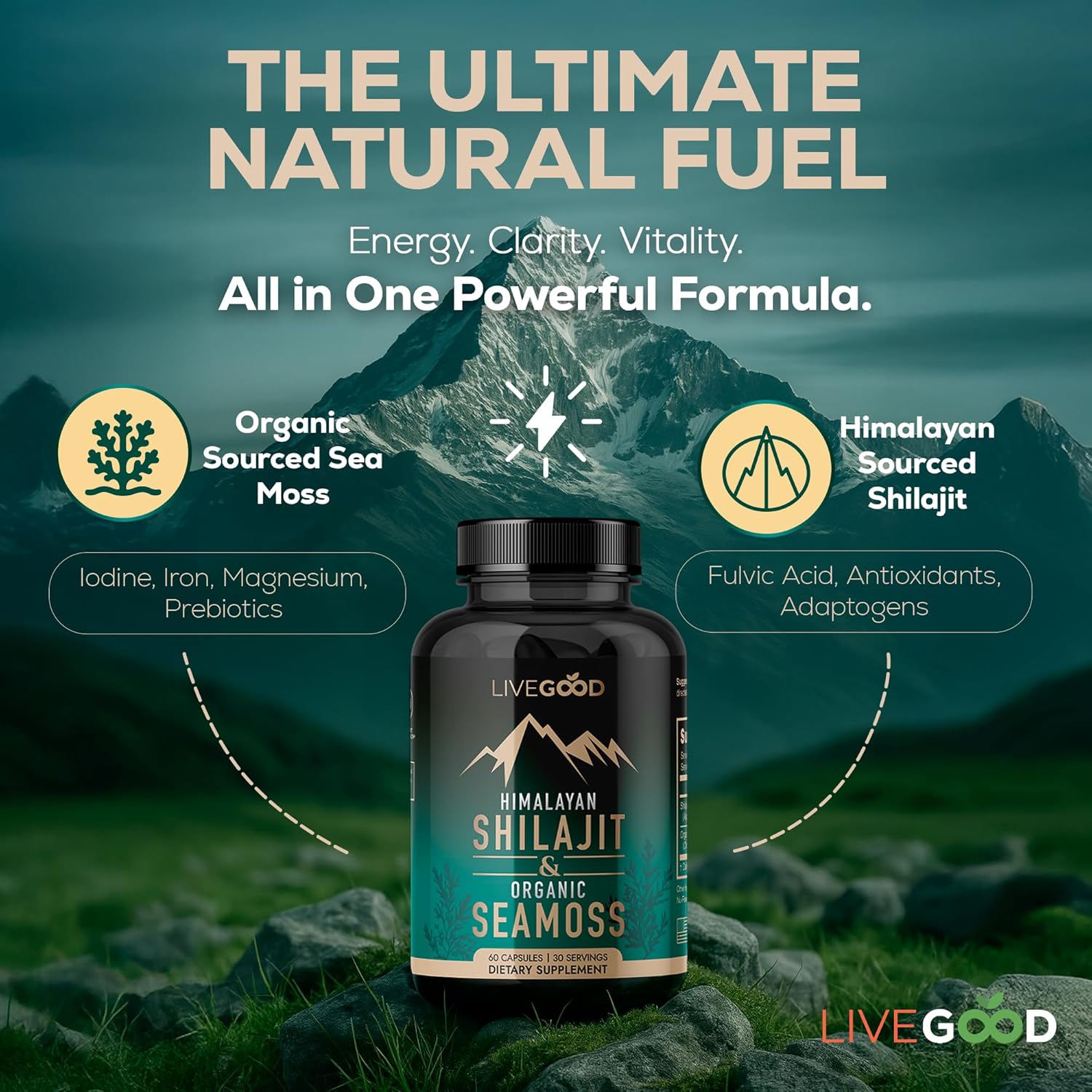 Livegood Himalayan Shilajit & Organic Sea Moss Capsules - Fulvic Acid-Infused, Energy & Mental Clarity Support Supplement (60 Count)