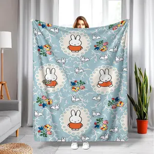 Miffy Cartoon Figure Print Blanket Adorable Rabbit Design Soft Comfortable Skin-Friendly Polyester Fabric Machine Washable All-Season Bedding Throw