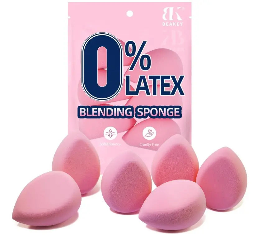 BEAKEY Flat Duo Makeup Sponge of 6, Super Soft 0 Latex Blending Sponge for Flawless Application - Liquid, Cream, Powder, Patented Design,Pink