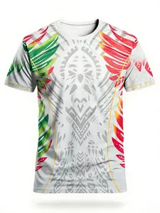 Men's Polynesian Tribal Leaf Pattern Sporty T-Shirt, Reggae Style Round Neck Short Sleeve Top, Loose-Fit All Seasons Clothing